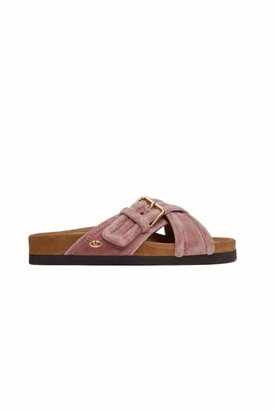 NEW VALENTINO GARAVANI women's fussfriend velvet slide sandal in pink